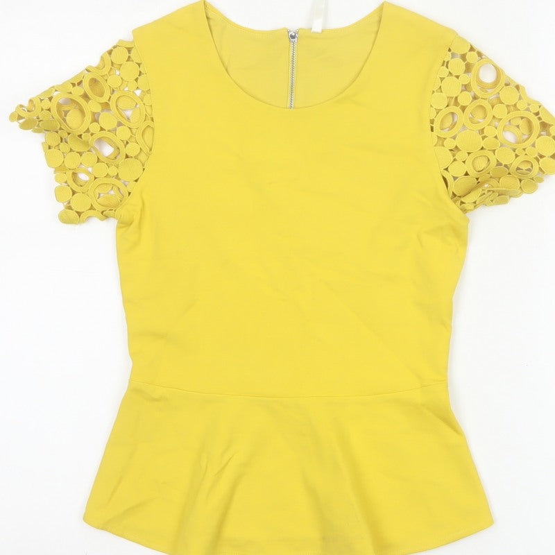 Karen Millen Women Yellow UK 8 Peplum Crochet Sleeve Blouse
