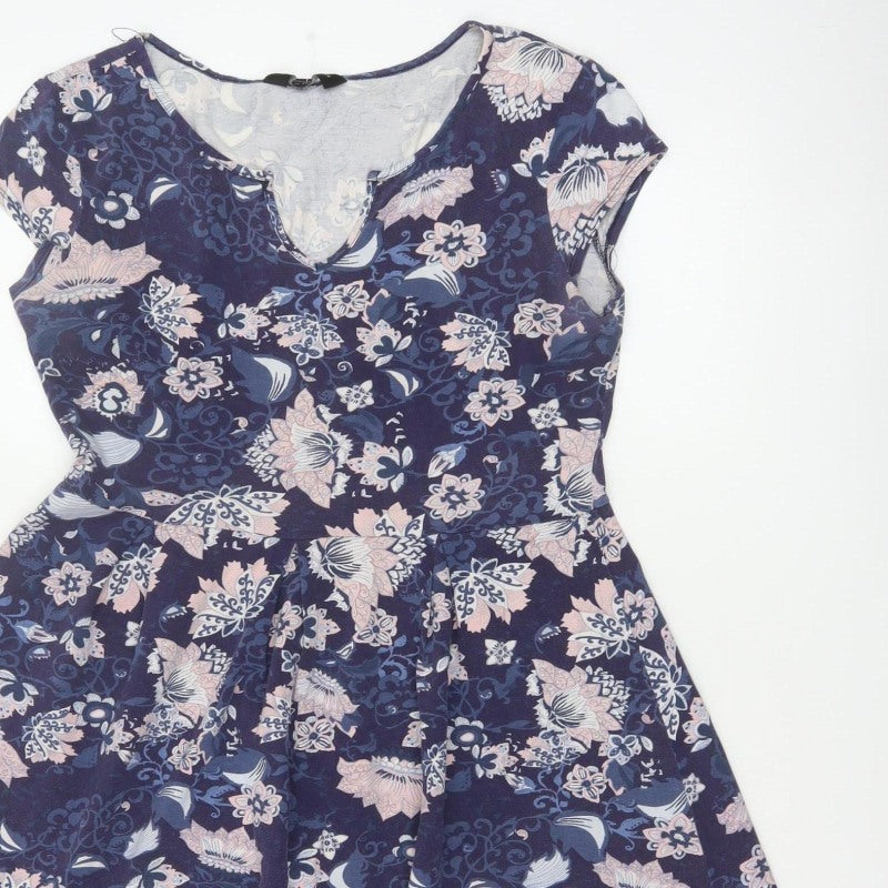 Dorothy Perkins Women Blue Floral Skater Dress UK 12 Cotton Jersey