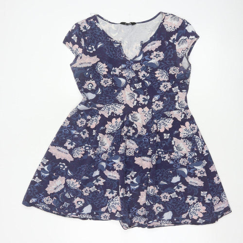 Dorothy Perkins Women Blue Floral Skater Dress UK 12 Cotton Jersey