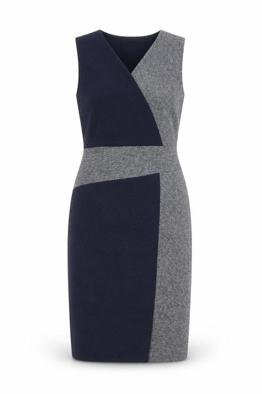 Front view of Next Women Blue Grey UK 12 Colourblock V-Neck Pencil Dress