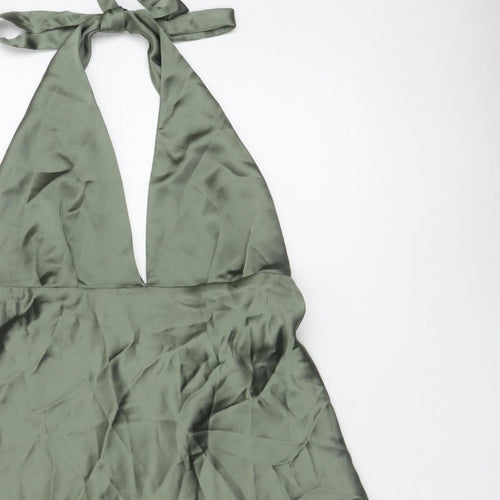 Zara Women Green XL Halter Mini Fit & Flare Satin Party Dress