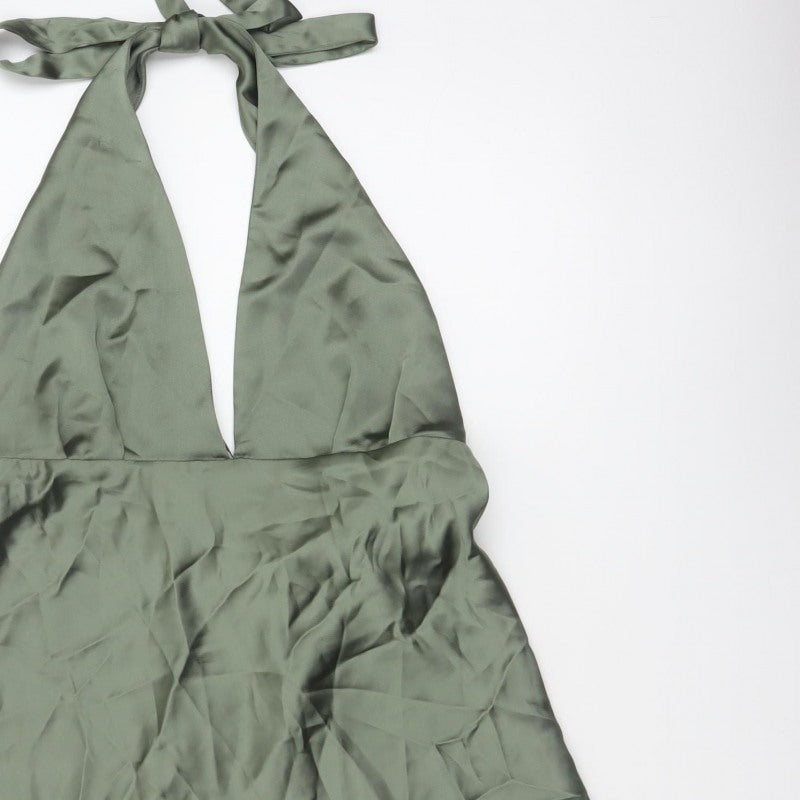 Zara Women Green XL Halter Mini Fit & Flare Satin Party Dress