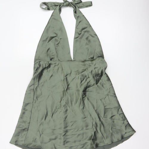 Zara Women Green XL Halter Mini Fit & Flare Satin Party Dress