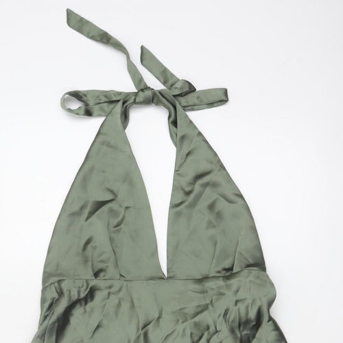 Zara Women Green XL Halter Mini Fit & Flare Satin Party Dress