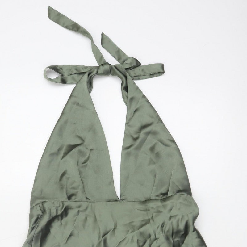 Zara Women Green XL Halter Mini Fit & Flare Satin Party Dress