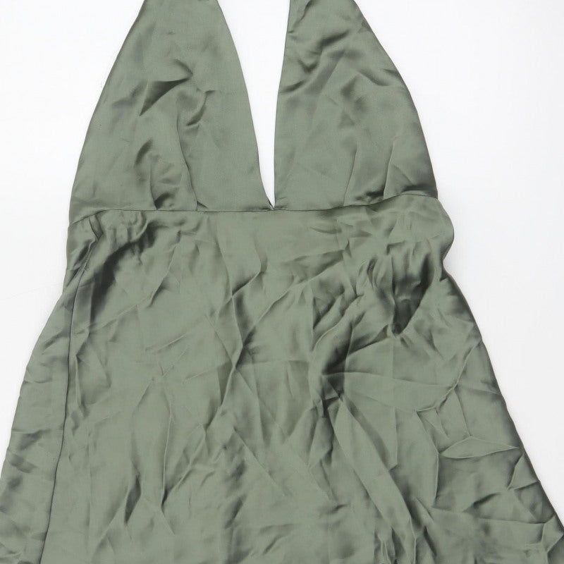 Zara Women Green XL Halter Mini Fit & Flare Satin Party Dress