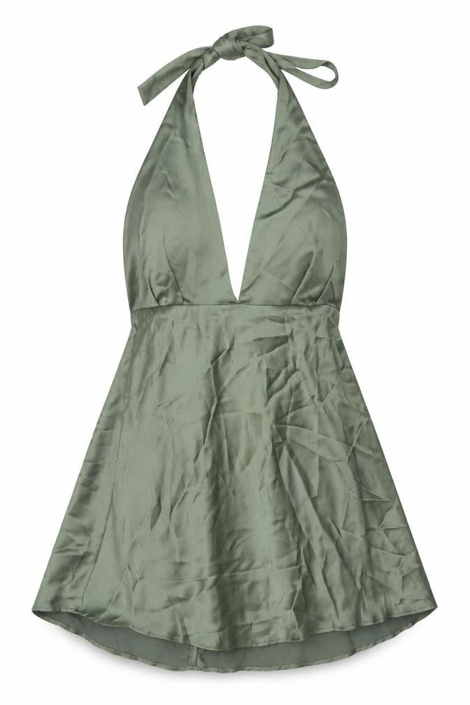 Zara Women Green XL Halter Mini Fit & Flare Satin Party Dress