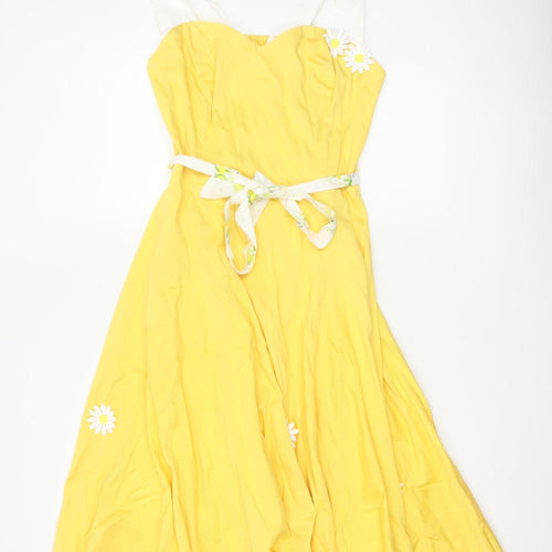 Collectif Women Yellow UK 14 Halter Fit & Flare Midi Daisy Dress