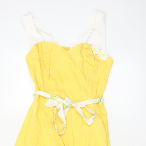 Collectif Women Yellow UK 14 Halter Fit & Flare Midi Daisy Dress