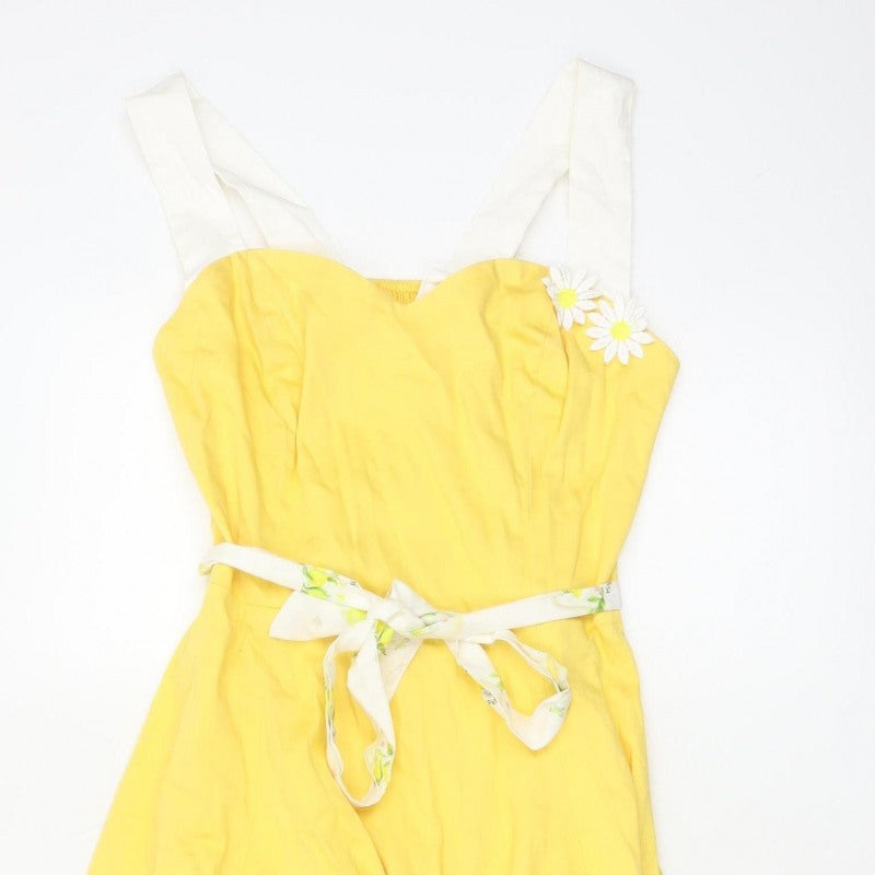 Collectif Women Yellow UK 14 Halter Fit & Flare Midi Daisy Dress