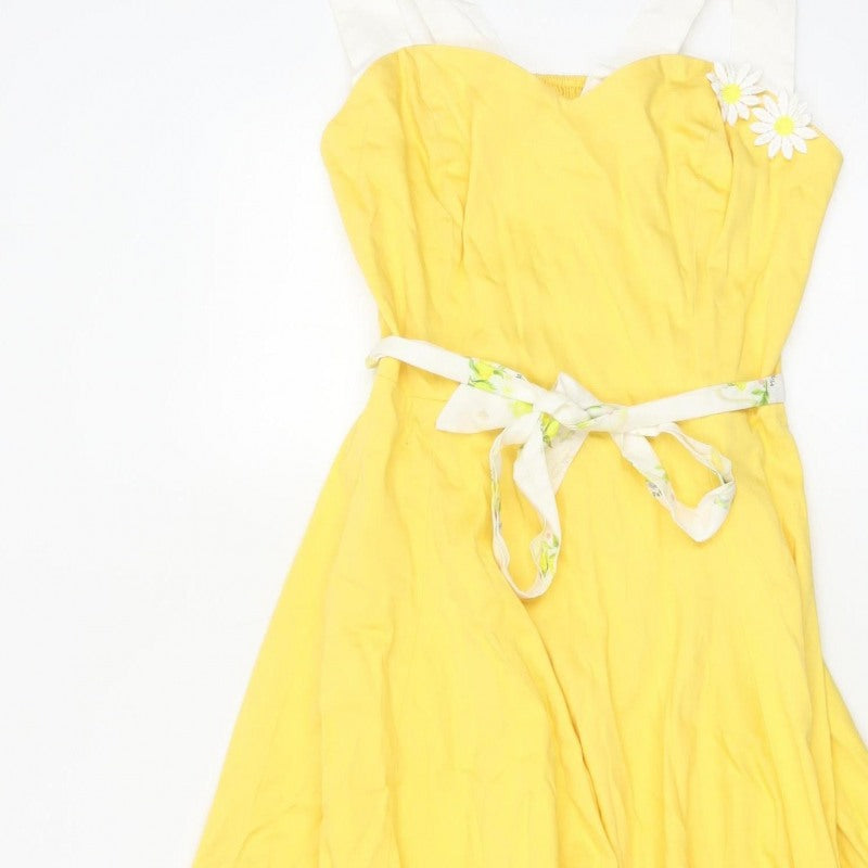 Collectif Women Yellow UK 14 Halter Fit & Flare Midi Daisy Dress
