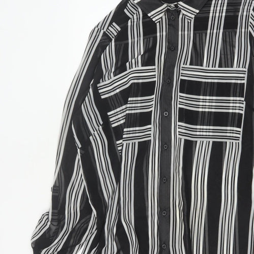 M&S Women Black Ivory Striped Sheer Tunic Button-Up Shirt UK 14