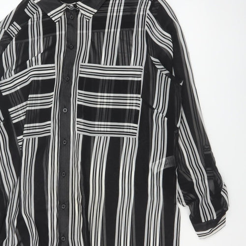 M&S Women Black Ivory Striped Sheer Tunic Button-Up Shirt UK 14