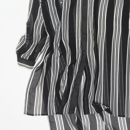 M&S Women Black Ivory Striped Sheer Tunic Button-Up Shirt UK 14