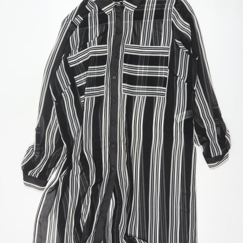 M&S Women Black Ivory Striped Sheer Tunic Button-Up Shirt UK 14