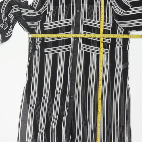 M&S Women Black Ivory Striped Sheer Tunic Button-Up Shirt UK 14