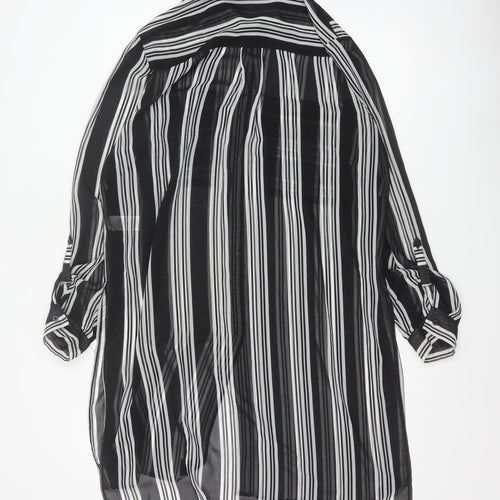M&S Women Black Ivory Striped Sheer Tunic Button-Up Shirt UK 14