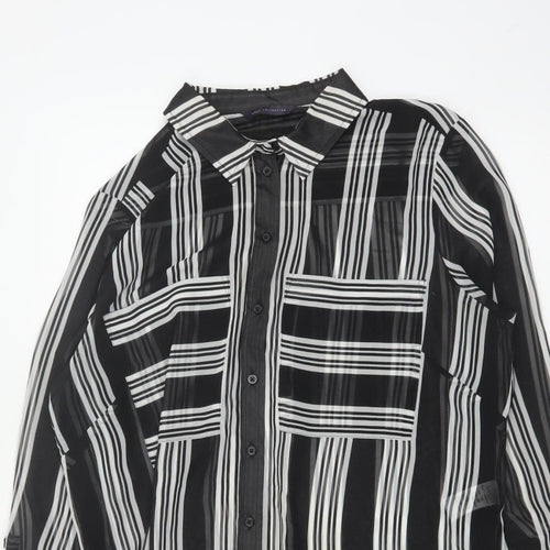 M&S Women Black Ivory Striped Sheer Tunic Button-Up Shirt UK 14