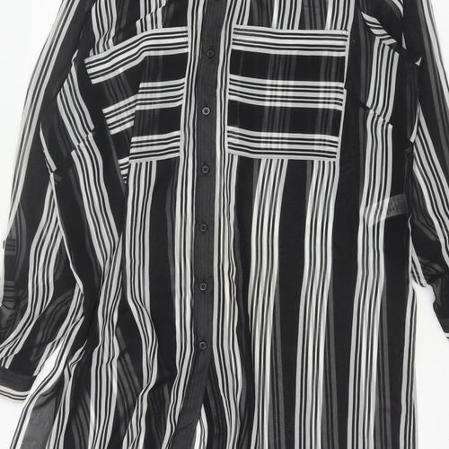 M&S Women Black Ivory Striped Sheer Tunic Button-Up Shirt UK 14