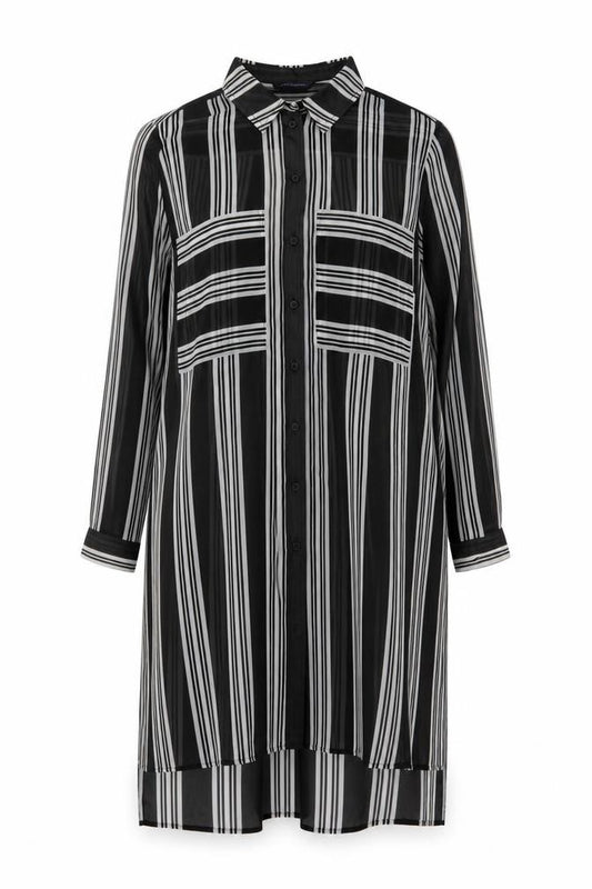 M&S Women Black Ivory Striped Sheer Tunic Button-Up Shirt UK 14