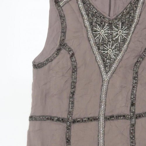 French Connection Women Grey UK 14 Beaded Silk Sheath Knee Dress
