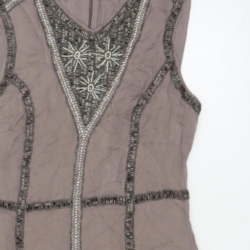 French Connection Women Grey UK 14 Beaded Silk Sheath Knee Dress