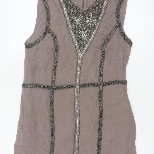 French Connection Women Grey UK 14 Beaded Silk Sheath Knee Dress