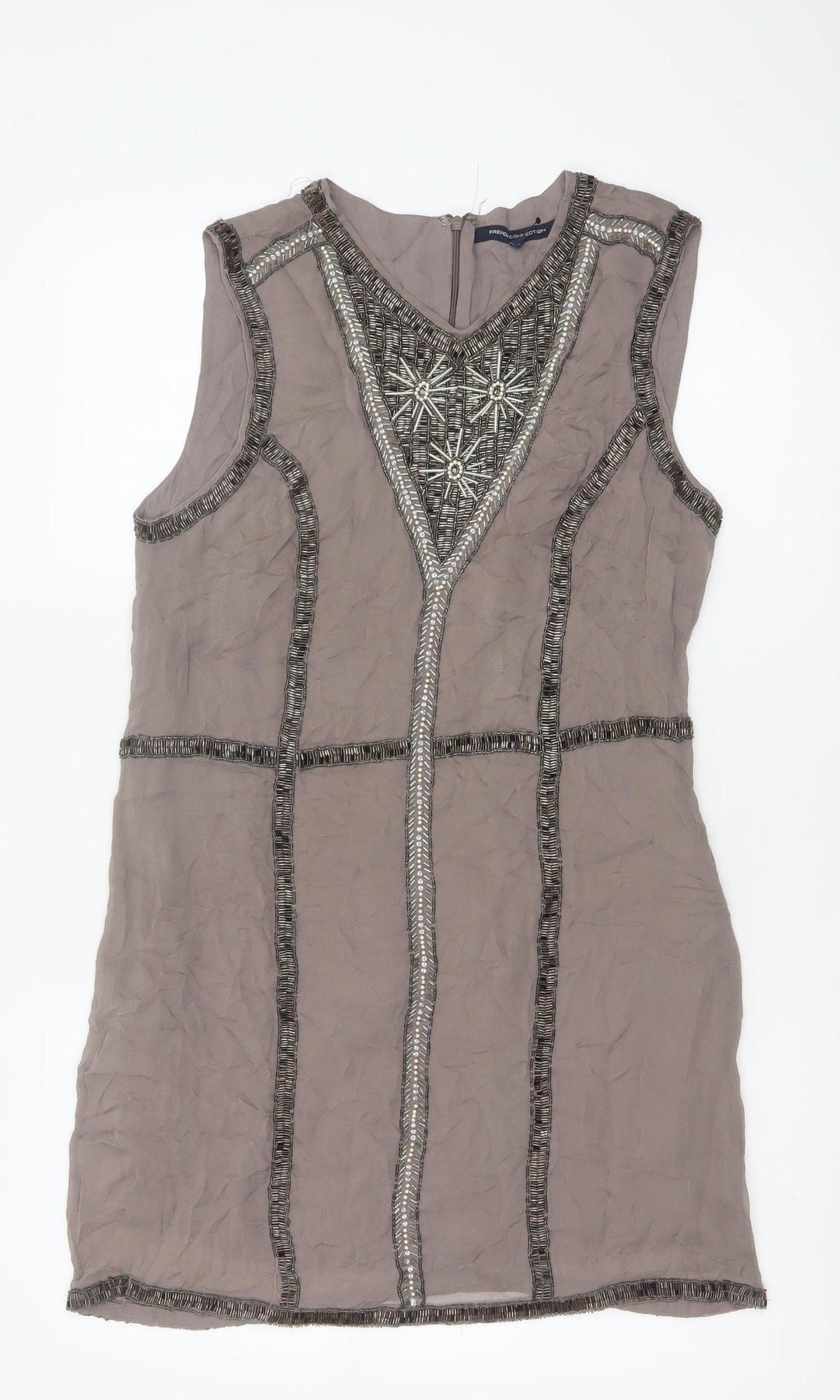 French Connection Women Grey UK 14 Beaded Silk Sheath Knee Dress