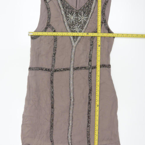 French Connection Women Grey UK 14 Beaded Silk Sheath Knee Dress