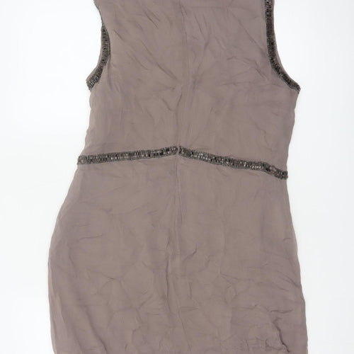French Connection Women Grey UK 14 Beaded Silk Sheath Knee Dress