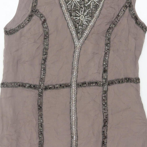 French Connection Women Grey UK 14 Beaded Silk Sheath Knee Dress