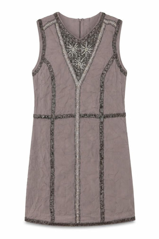 Front view of French Connection Women Grey UK 14 Beaded Silk Sheath Knee Dress