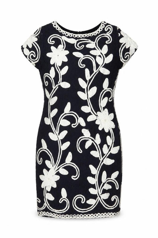 Front view of Roman Women Blue Floral Embroidered Bodycon Dress, size 16