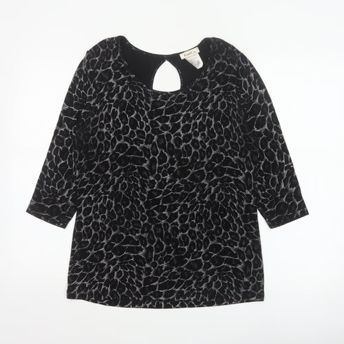 Kim&Co. Women Black Floral Velvet 3/4 Sleeve Keyhole Blouse M