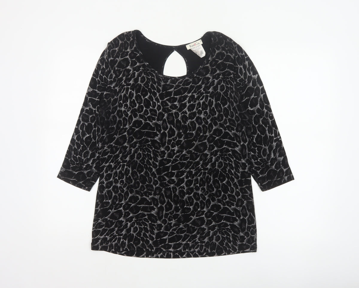 Kim&Co. Women Black Floral Velvet 3/4 Sleeve Keyhole Blouse M