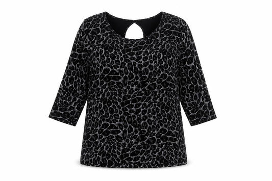 Kim&Co. Women Black Floral Velvet 3/4 Sleeve Keyhole Blouse M