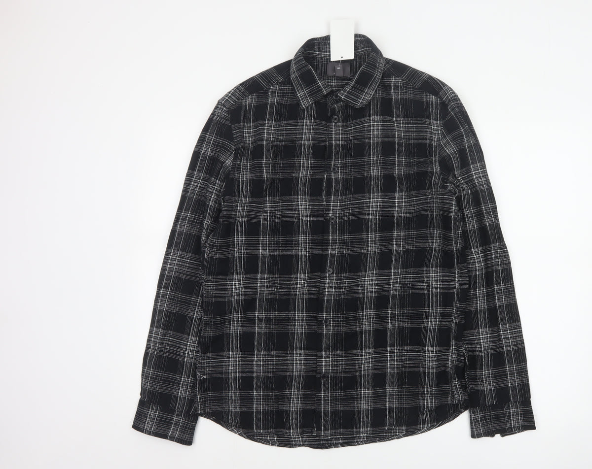 Back view of H&M Men’s Black White Check Regular Fit Cotton Button-Up Shirt, size S