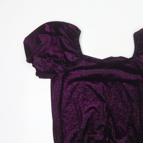 M&Co Women Black Purple Glitter Velvet Puff Sleeve Blouse UK 14