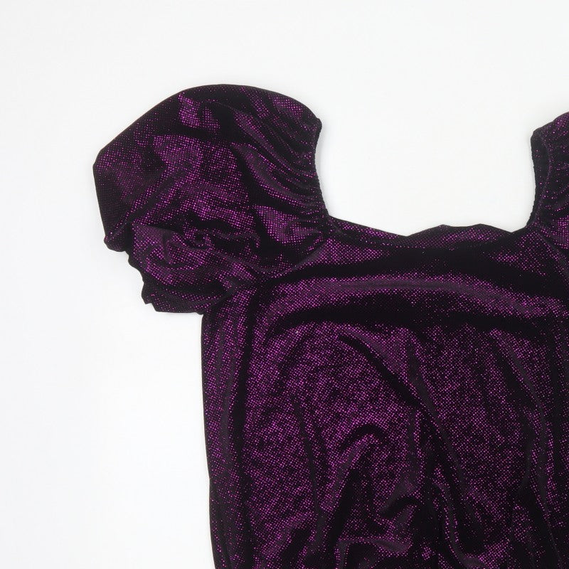 M&Co Women Black Purple Glitter Velvet Puff Sleeve Blouse UK 14