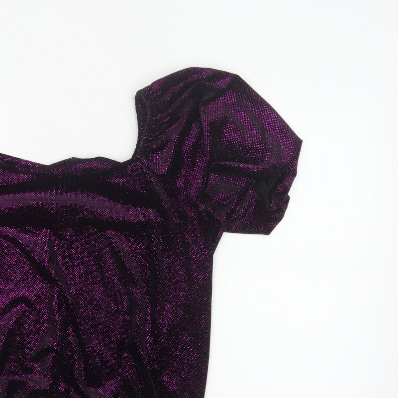 M&Co Women Black Purple Glitter Velvet Puff Sleeve Blouse UK 14