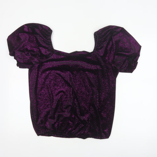 M&Co Women Black Purple Glitter Velvet Puff Sleeve Blouse UK 14
