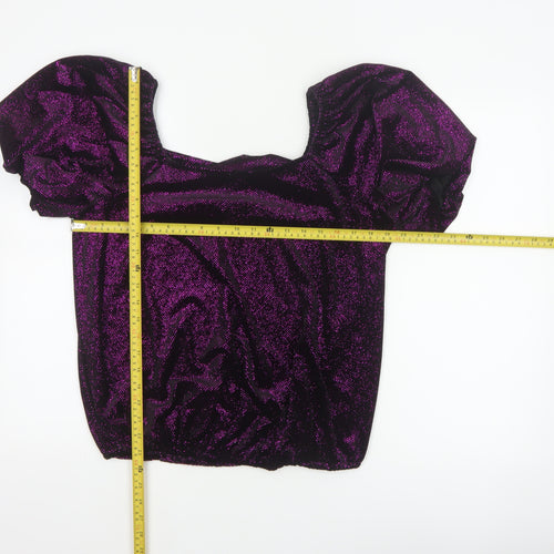 M&Co Women Black Purple Glitter Velvet Puff Sleeve Blouse UK 14