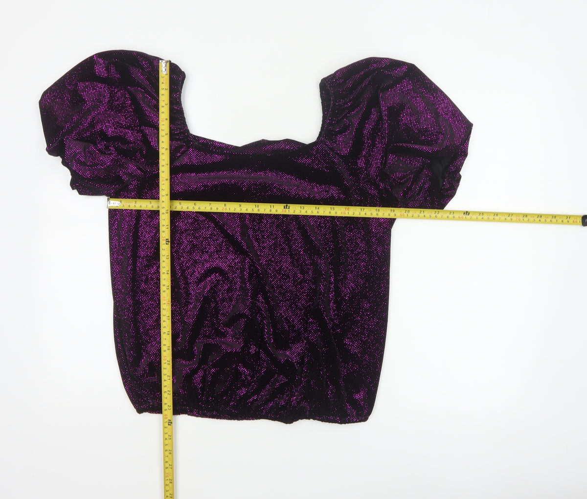 M&Co Women Black Purple Glitter Velvet Puff Sleeve Blouse UK 14