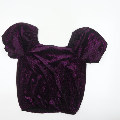 M&Co Women Black Purple Glitter Velvet Puff Sleeve Blouse UK 14