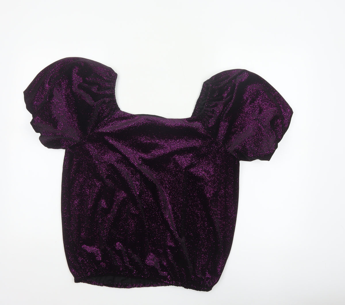 M&Co Women Black Purple Glitter Velvet Puff Sleeve Blouse UK 14