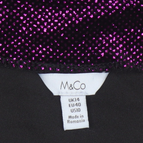 M&Co Women Black Purple Glitter Velvet Puff Sleeve Blouse UK 14