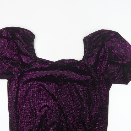 M&Co Women Black Purple Glitter Velvet Puff Sleeve Blouse UK 14
