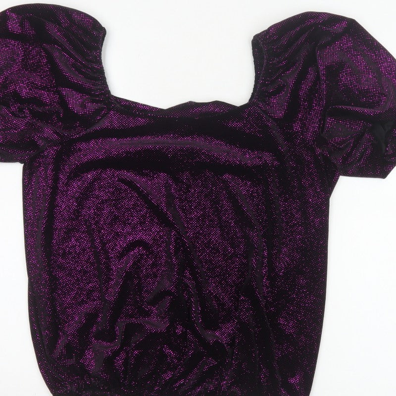 M&Co Women Black Purple Glitter Velvet Puff Sleeve Blouse UK 14