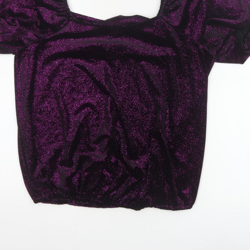 M&Co Women Black Purple Glitter Velvet Puff Sleeve Blouse UK 14
