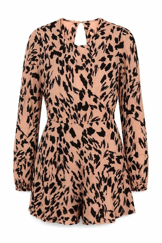 ASOS Women Pink Animal Print Long Sleeve Ruffle Playsuit UK 10
